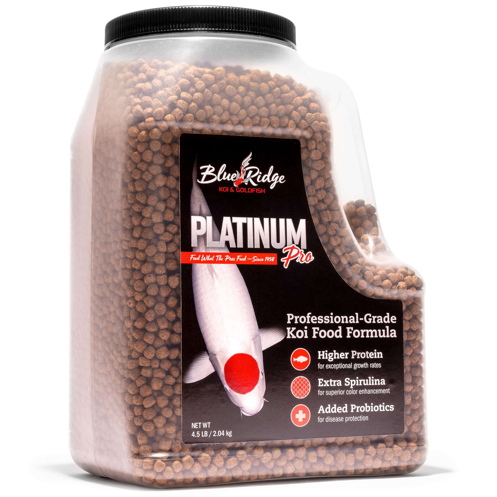 Blue Ridge Koi Food floating pellets on water surface for easy feeding.