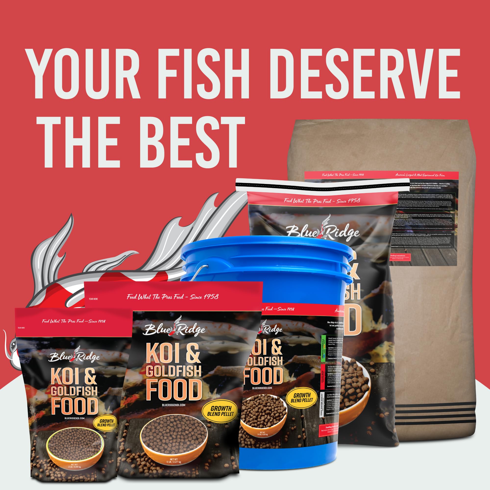 Blue Ridge Koi Food ingredients list emphasizing complete nutrition for koi.