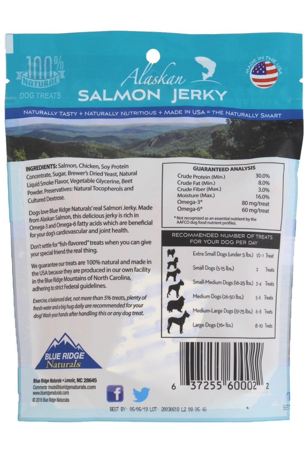 Blue Ridge Naturals Alaskan Salmon Jerky back highlights wheat-free formula for sensitive dogs
