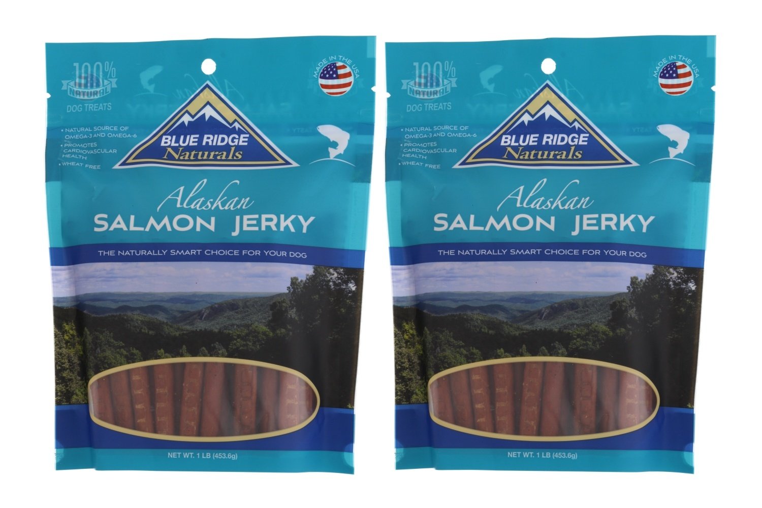 Blue Ridge Naturals Alaskan Salmon Jerky front shows omega-rich treats for healthy coat