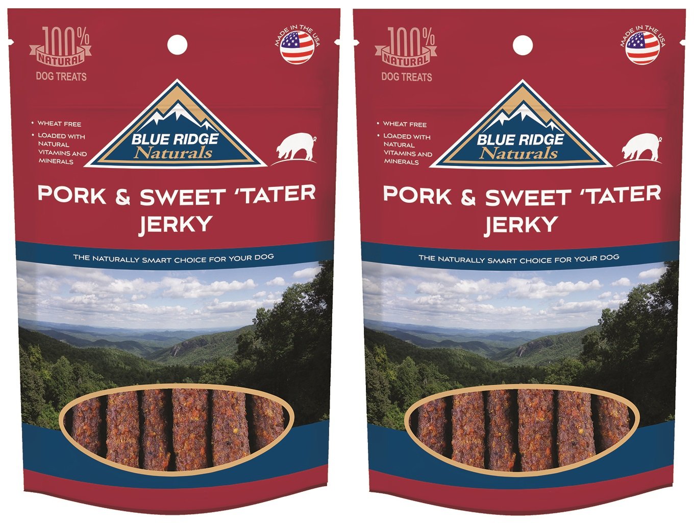 Blue Ridge Naturals pork and sweet potato jerky bag ready for training treats and daily rewards.