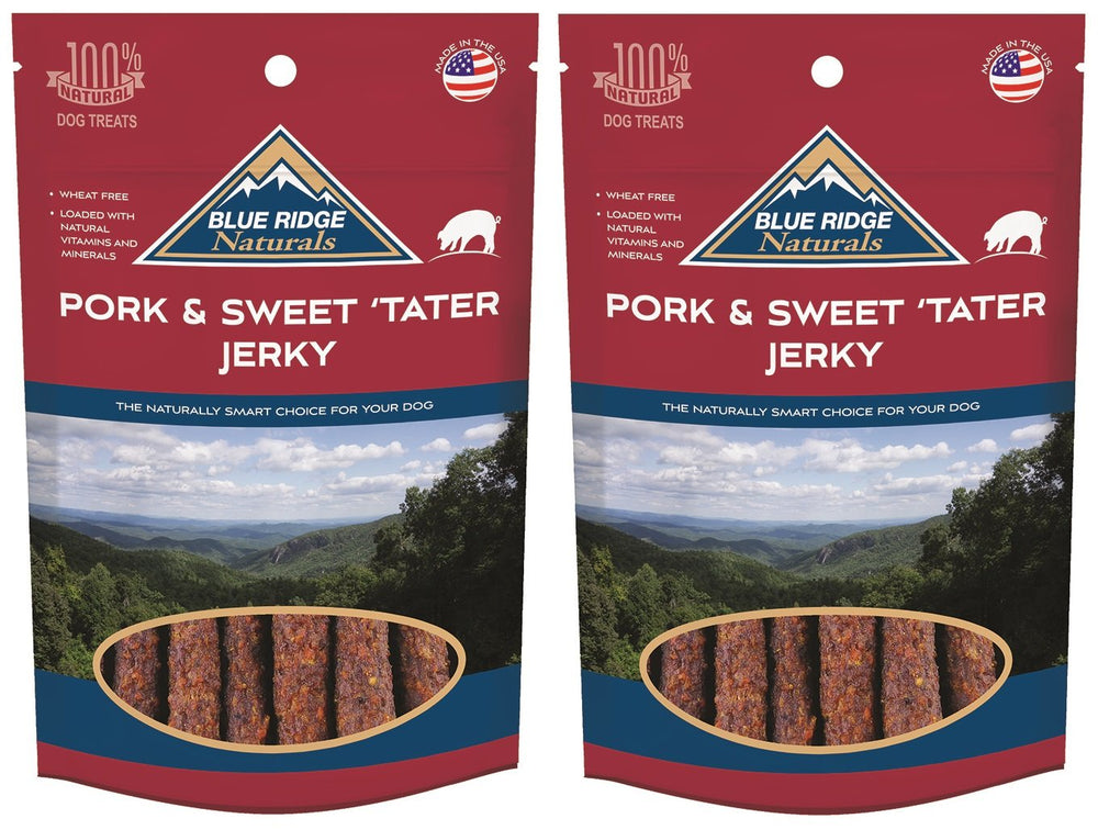 Blue Ridge Naturals pork and sweet potato jerky bag ready for training treats and daily rewards.