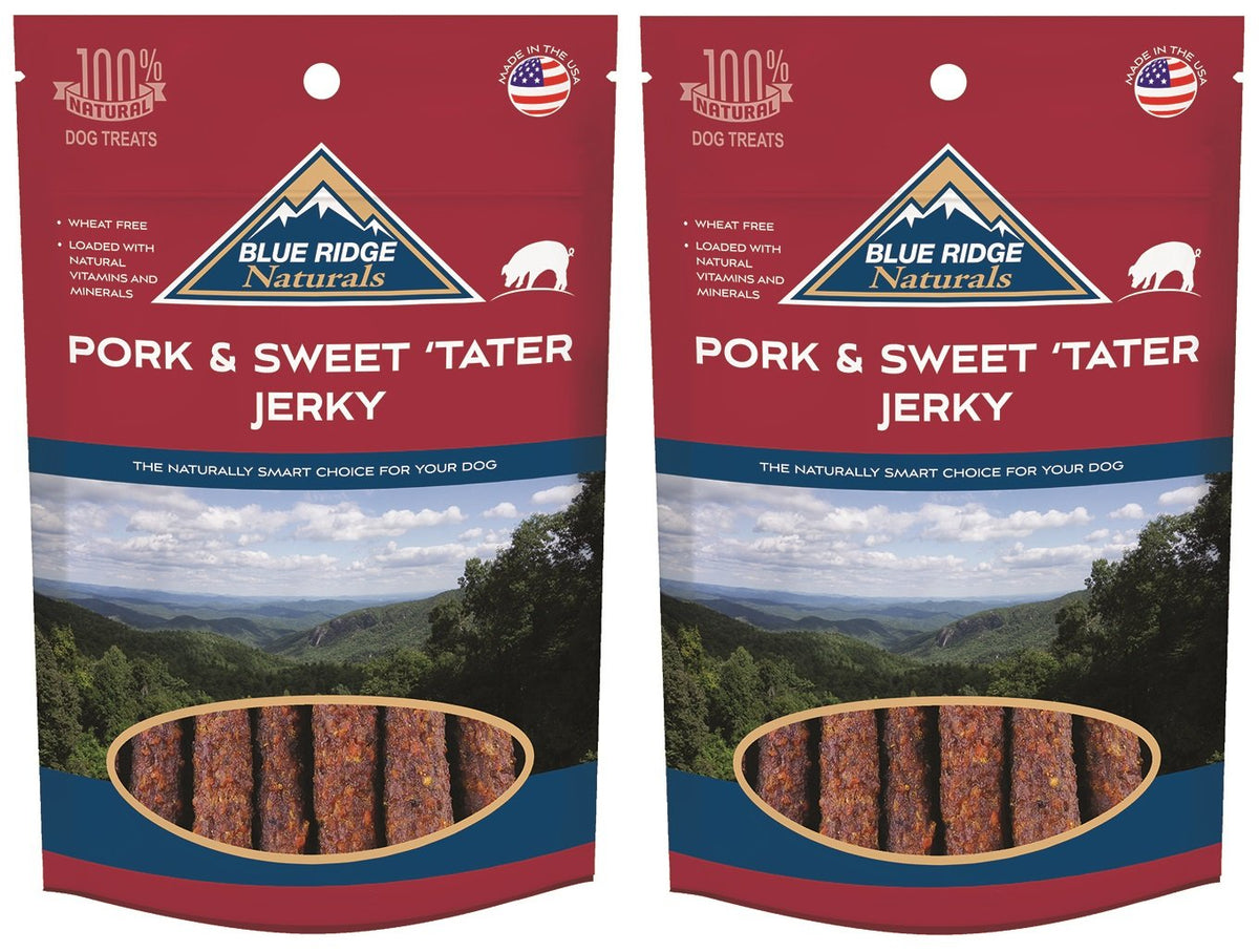Blue Ridge Naturals pork and sweet potato jerky bag ready for training treats and daily rewards.