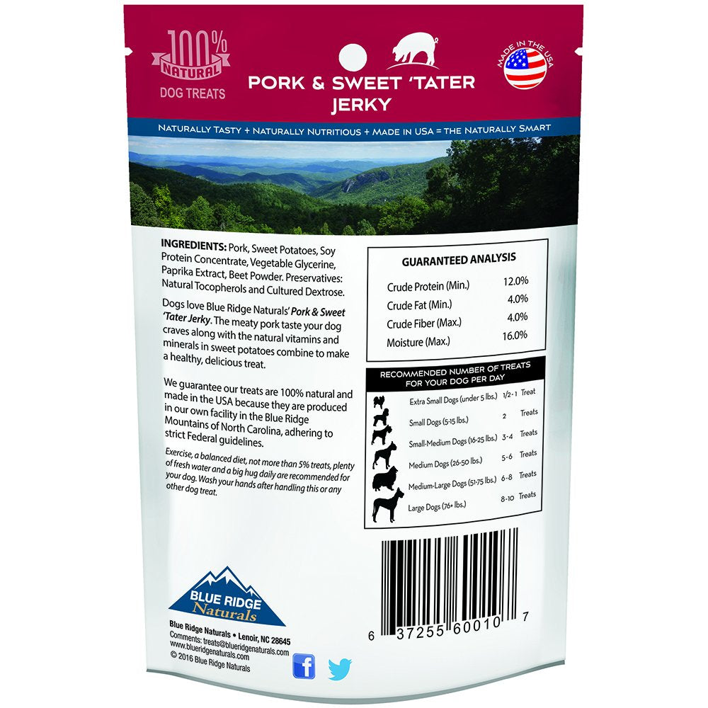 Blue Ridge Naturals pork and sweet potato jerky pieces for easy chews and rewardable training.