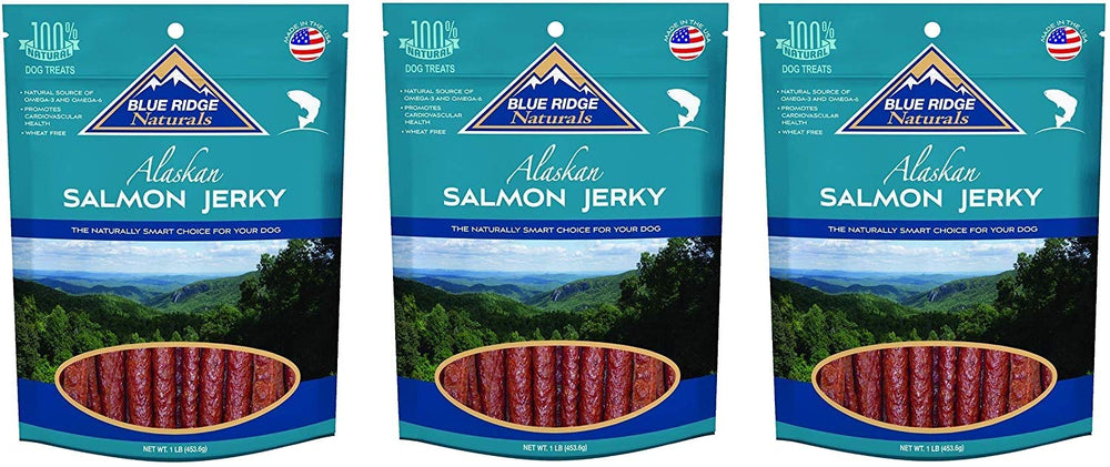 Blue Ridge Naturals Salmon Jerky 3-pack front shows real Alaskan salmon for omega-3 rich snack.