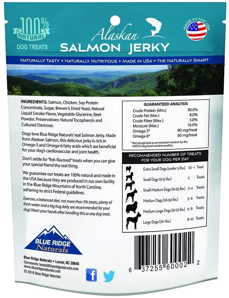 Blue Ridge Naturals Salmon Jerky ingredient closeup highlights omega-3 benefits for skin and coat.