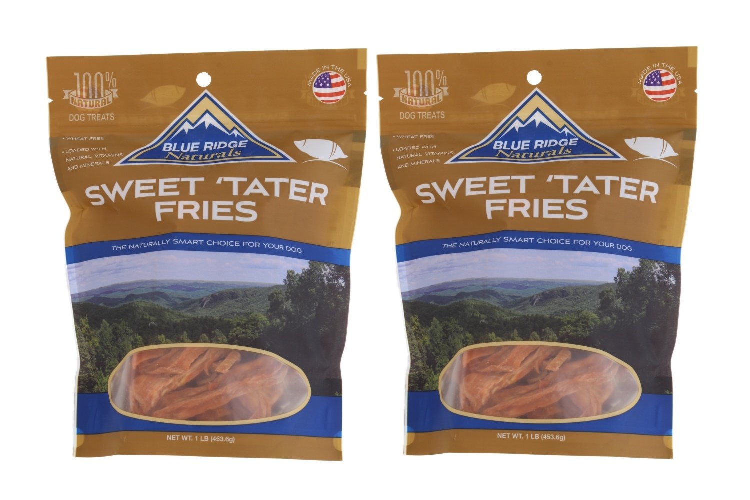 Blue Ridge Naturals Sweet Tater Fries 2-pack front view, healthy single-ingredient dog snack.