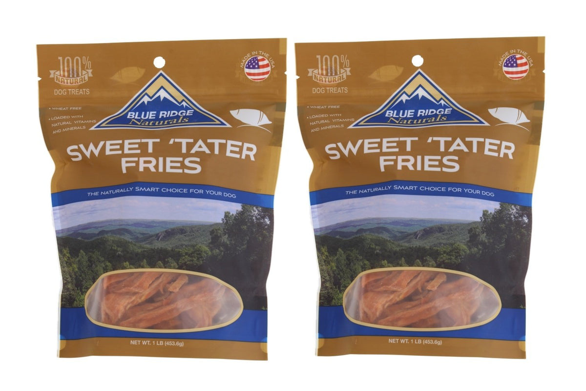 Blue Ridge Naturals Sweet Tater Fries 2-pack front view, healthy single-ingredient dog snack.