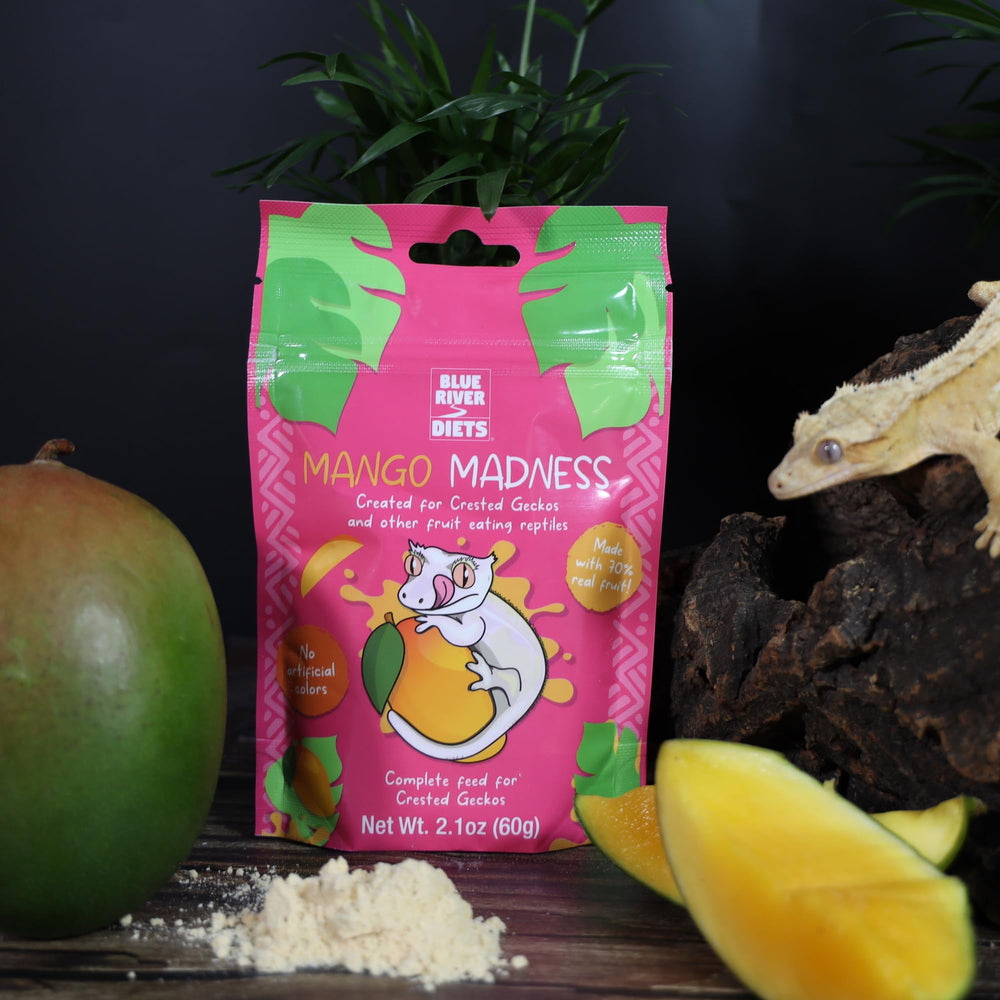 Blue River Diets Crested Gecko Diet Mango Madness soy protein isolate supports natural growth.