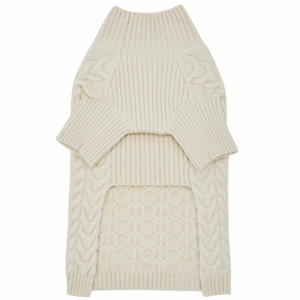 Blueberry Pet Classic Fuzzy Knit Sweater care instruction highlights machine washability and flat drying.