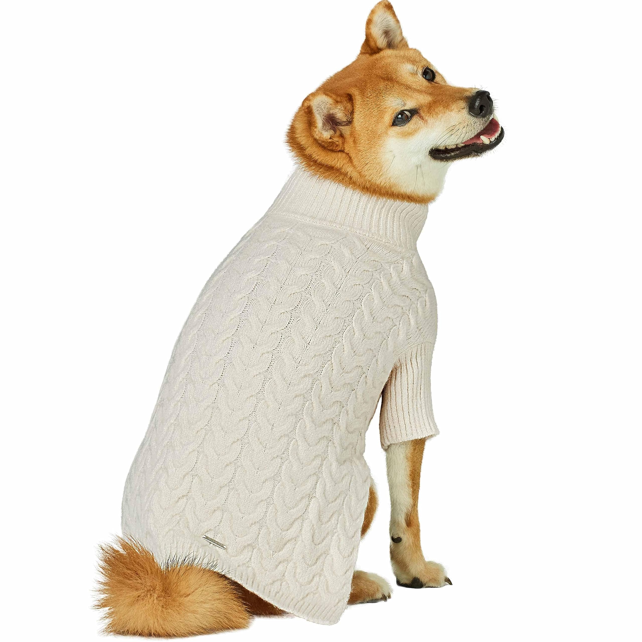 Blueberry Pet Classic Fuzzy Knit Sweater flat lay showcases size and fit guidance.
