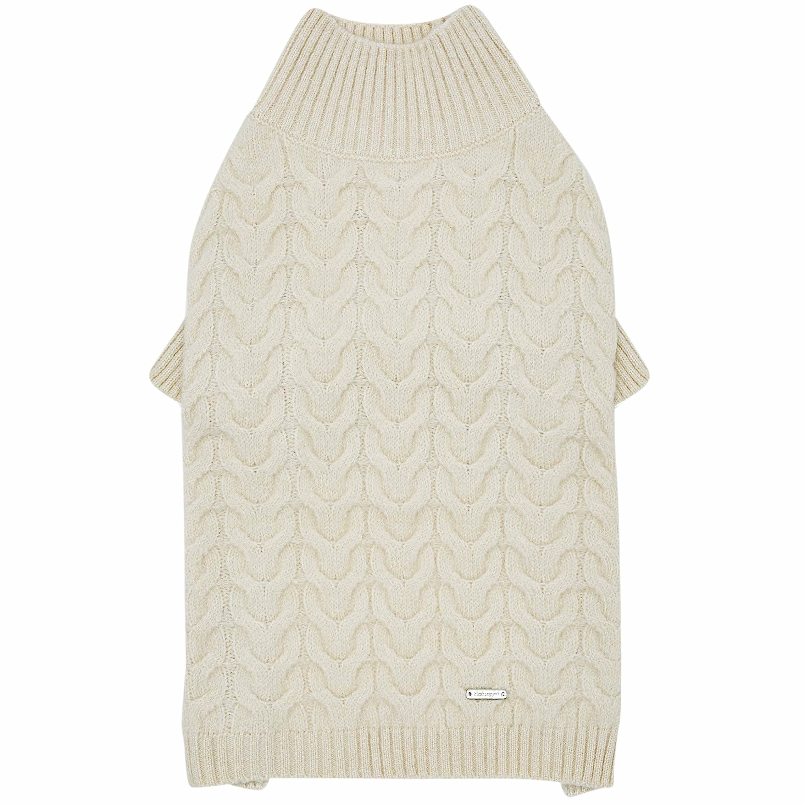 Blueberry Pet Classic Fuzzy Knit Sweater front view in ivory offers cozy warmth during chilly walks.