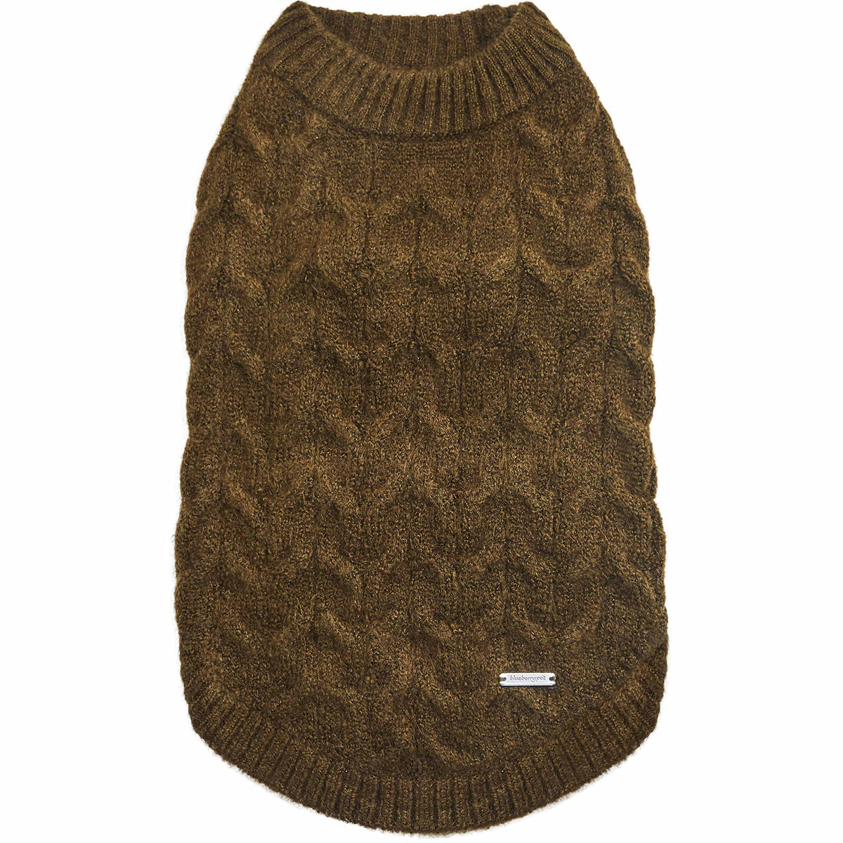 Blueberry Pet fuzzy knit pullover in dark olive with 12-inch back for cozy warmth.