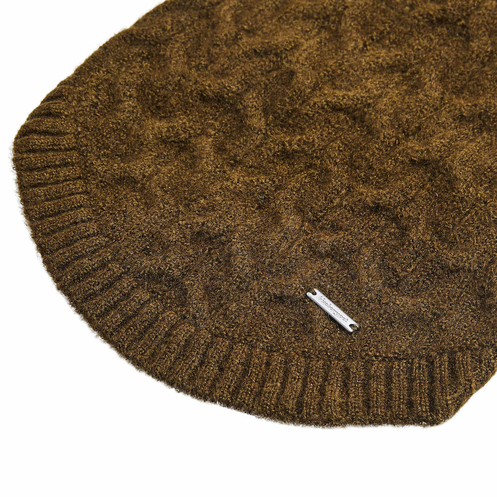 Blueberry Pet fuzzy knit pullover back view in dark olive shows snug fit.