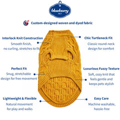 Blueberry Pet classic fuzzy-knit pullover mustard yellow front view, soft texture for cozy walks.
