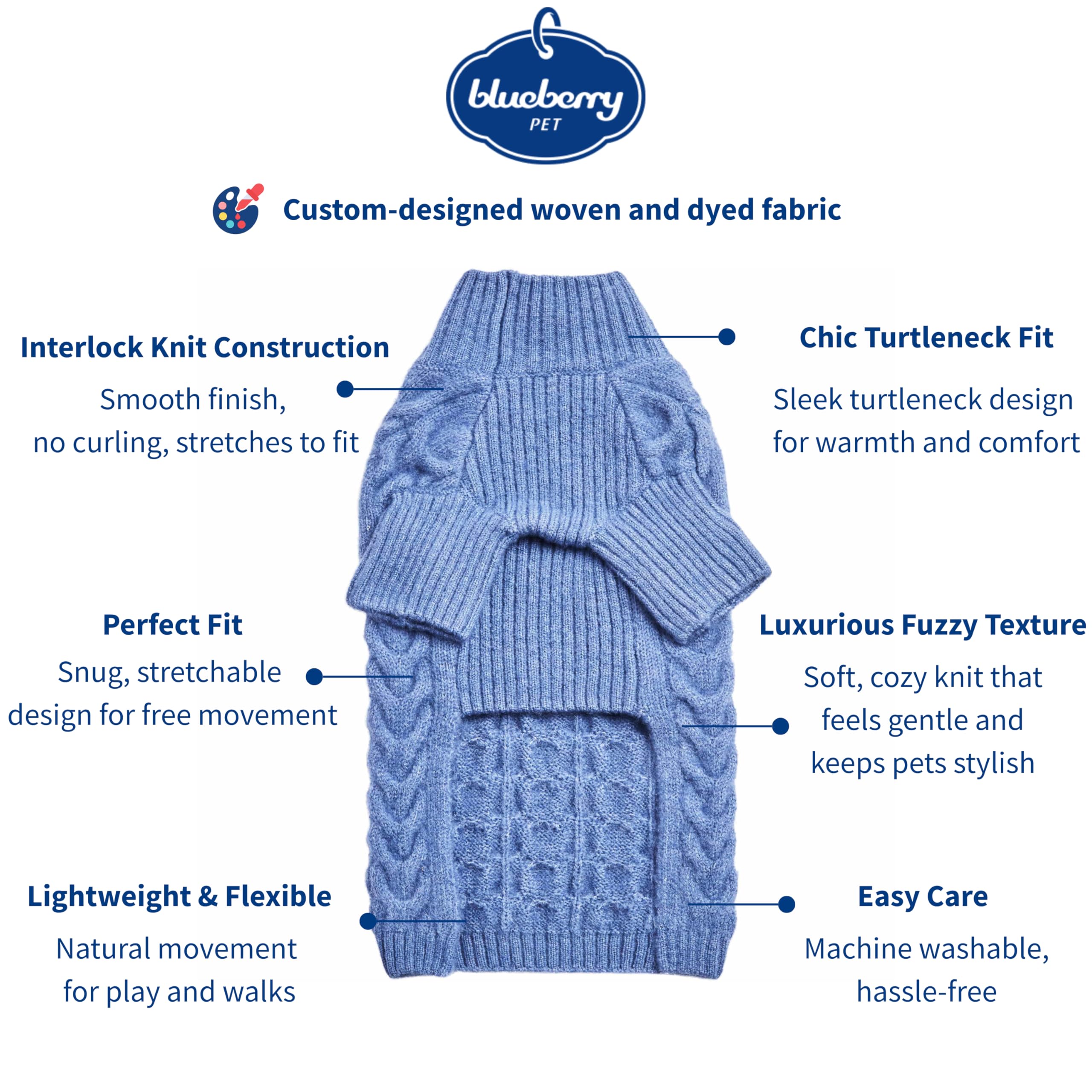 Blueberry Pet Classic Knit Pullover turtle-neck detail highlights soft, fuzzy texture.