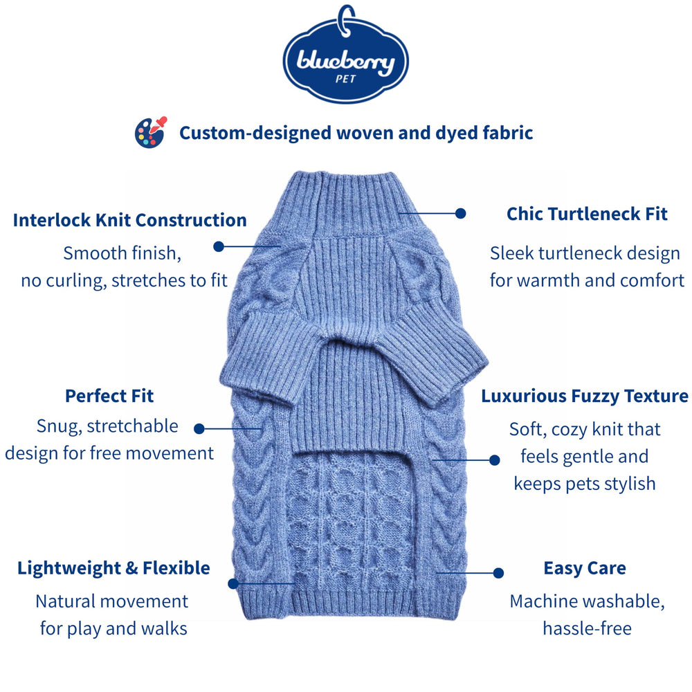 Blueberry Pet Classic Knit Pullover turtle-neck detail highlights soft, fuzzy texture.