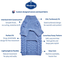 Blueberry Pet Classic Knit Pullover turtle-neck detail highlights soft, fuzzy texture.