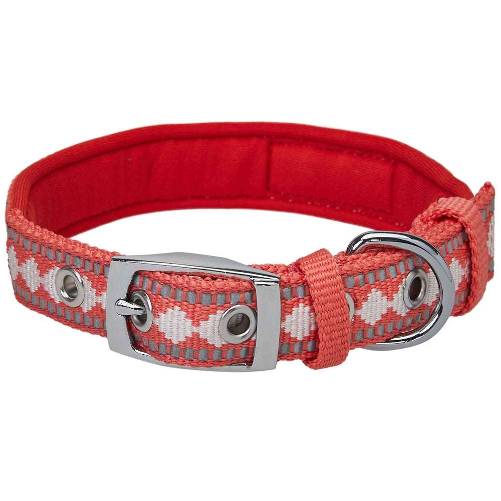 Blueberry Pet reflective jacquard collar in coral on dog neck improves dusk visibility