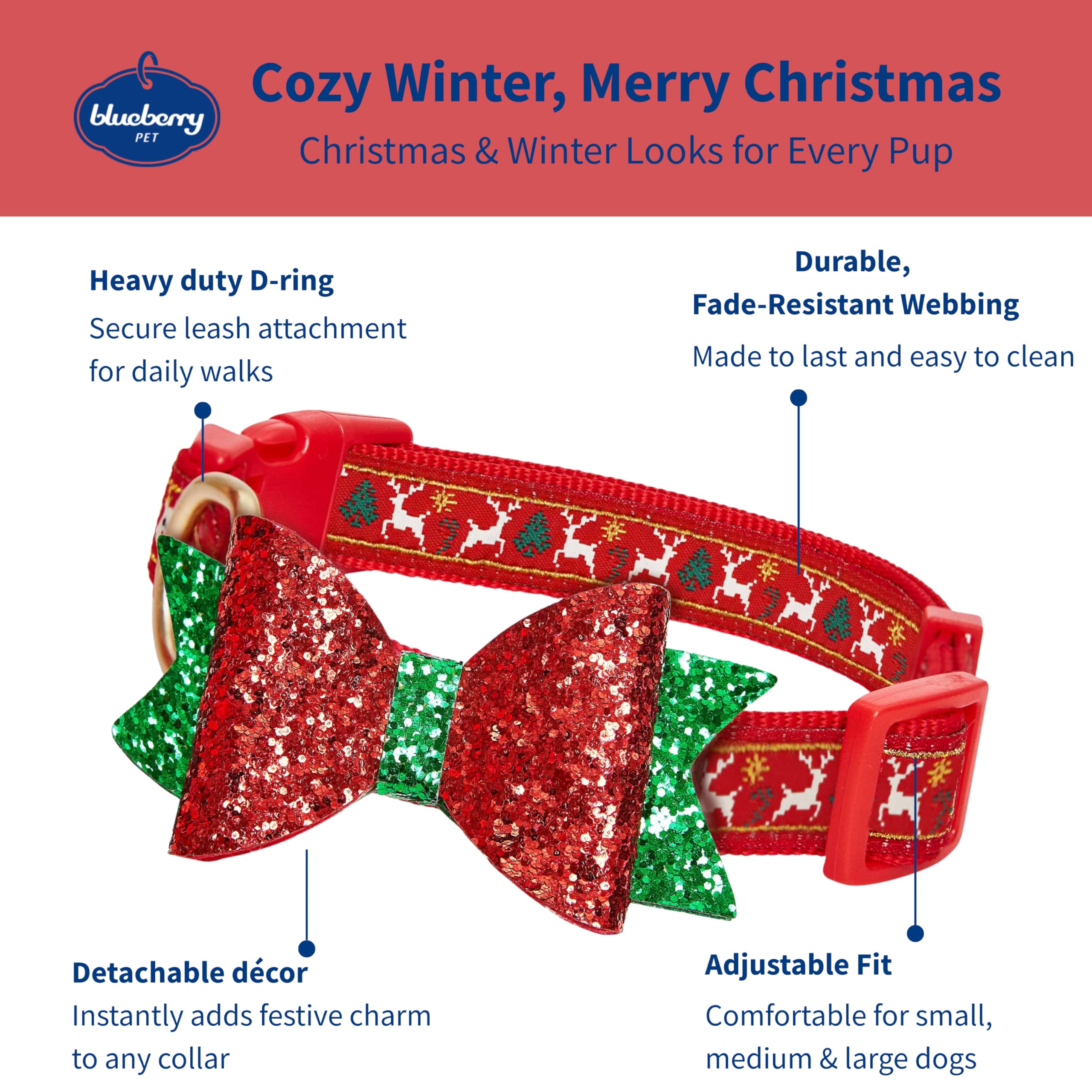 Blueberry Pet Festive Reindeer Collar with detachable bowtie for festive styling