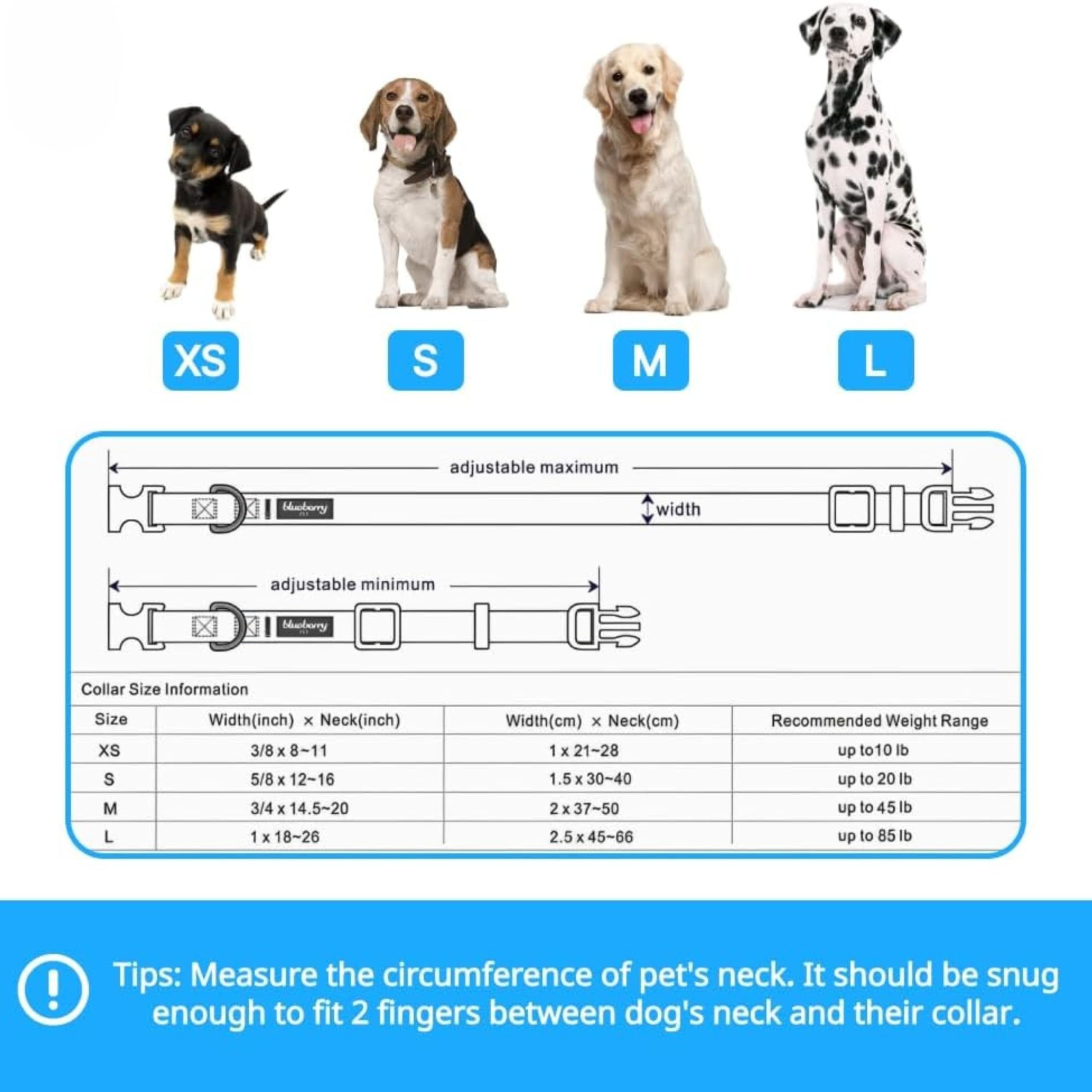 Blueberry Pet Festive Reindeer Collar size chart to ensure a perfect fit