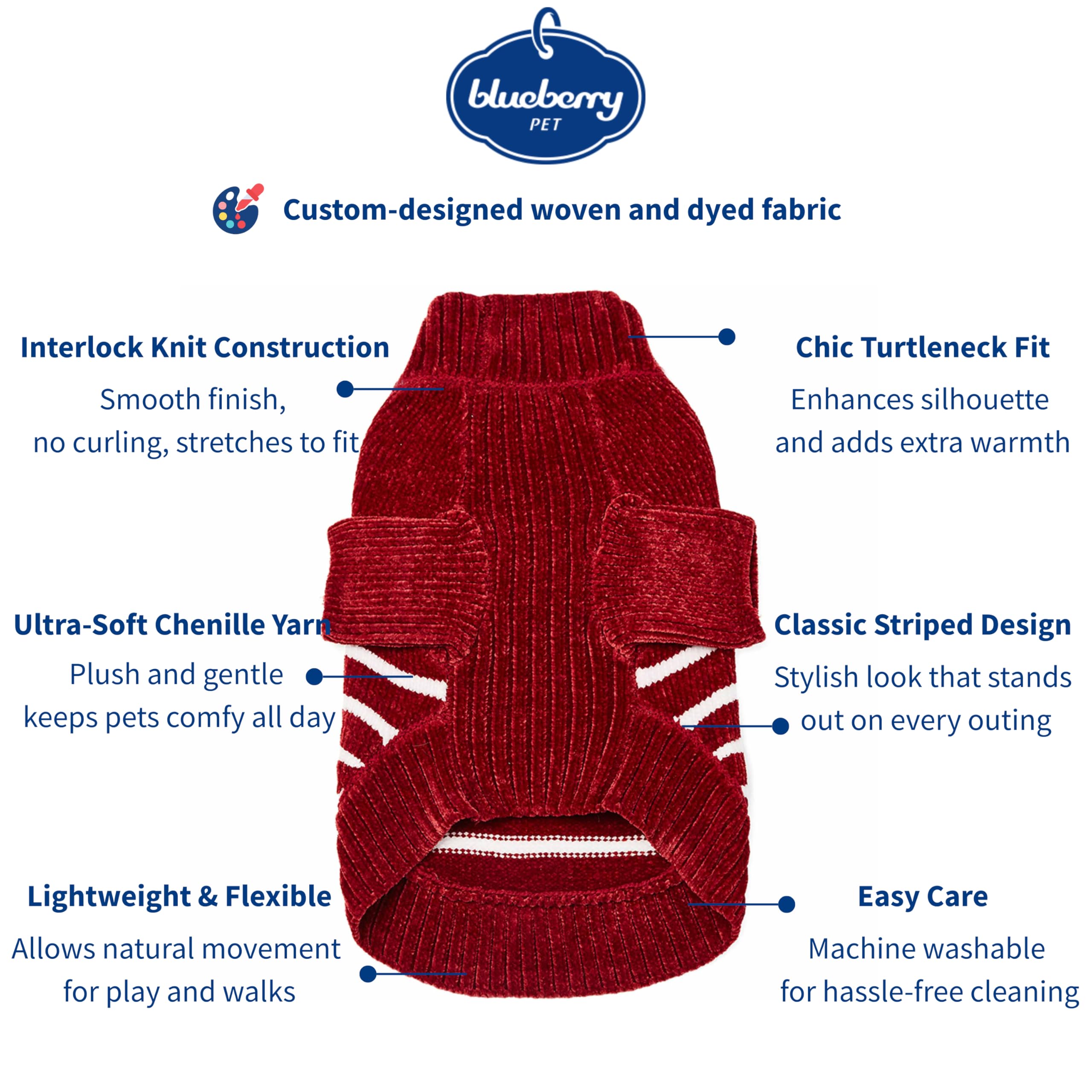 Blueberry Pet striped burgundy turtleneck close-up highlights soft polyester knit and durable fit.