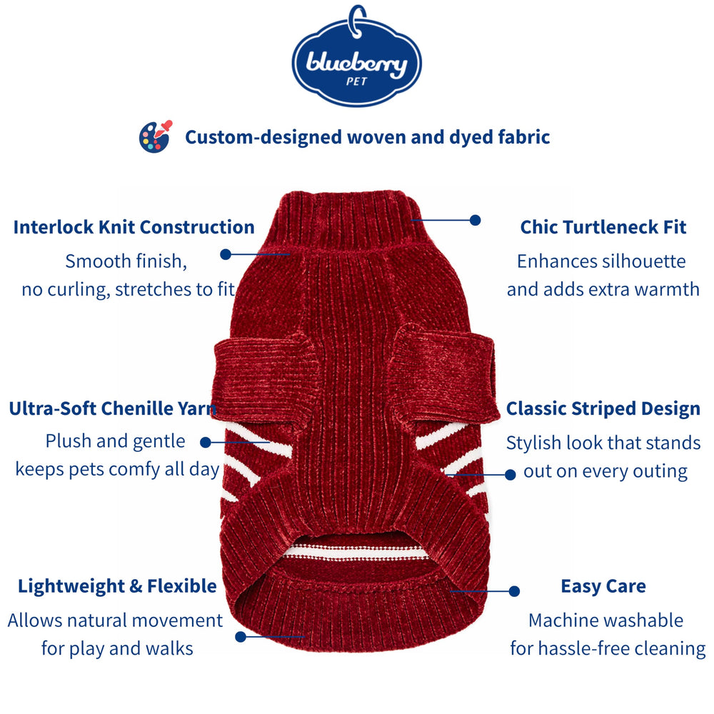 Blueberry Pet striped burgundy turtleneck close-up highlights soft polyester knit and durable fit.