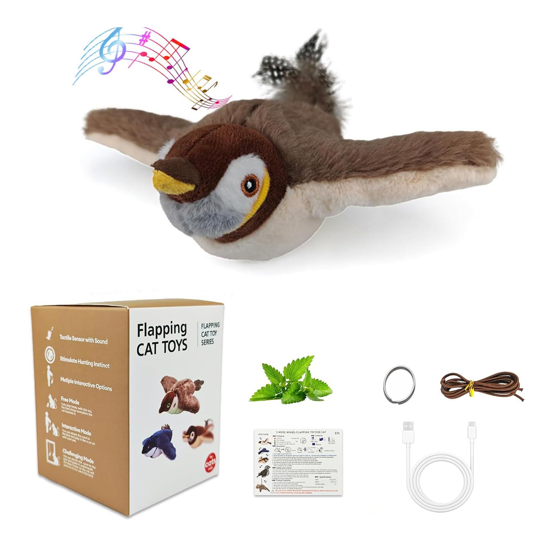 blueypet interactive chirping bird toy with brown wings boosts indoor cat play and hunting instinct.
