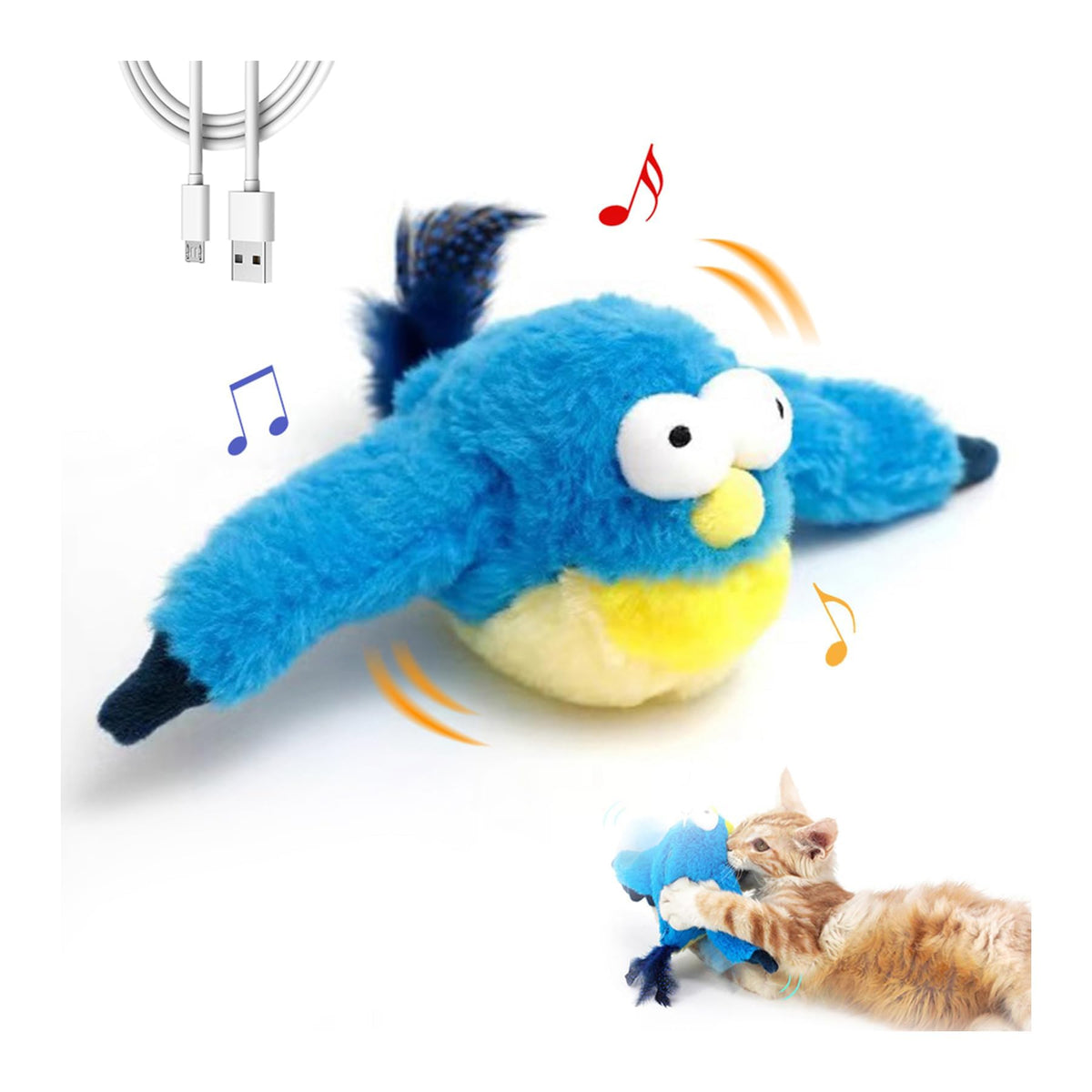 Blueypet interactive chirping bird toy with wings engages indoor cats with flap action.