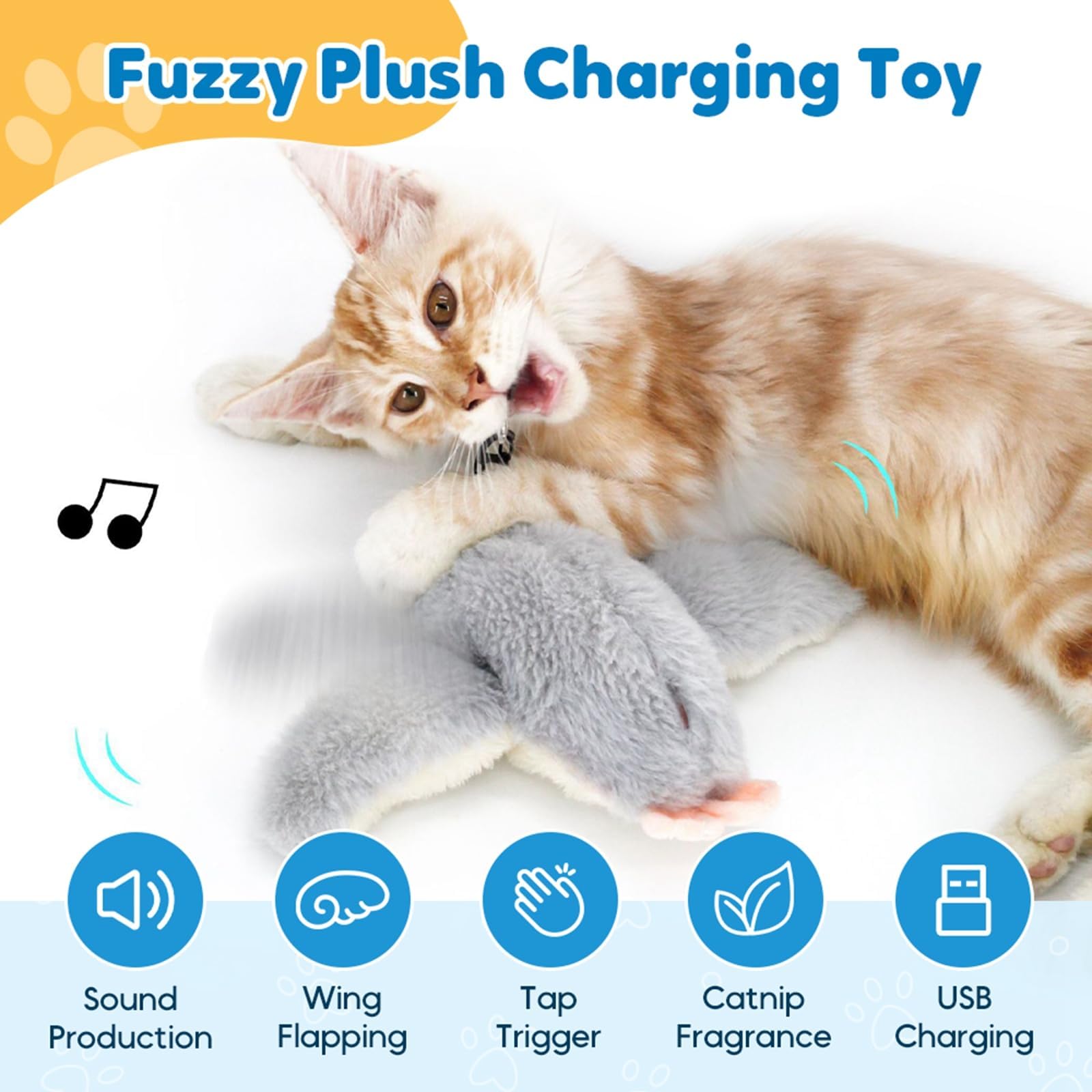 Blueypet soft plush bird cat toy highlights safe materials for gentle play.