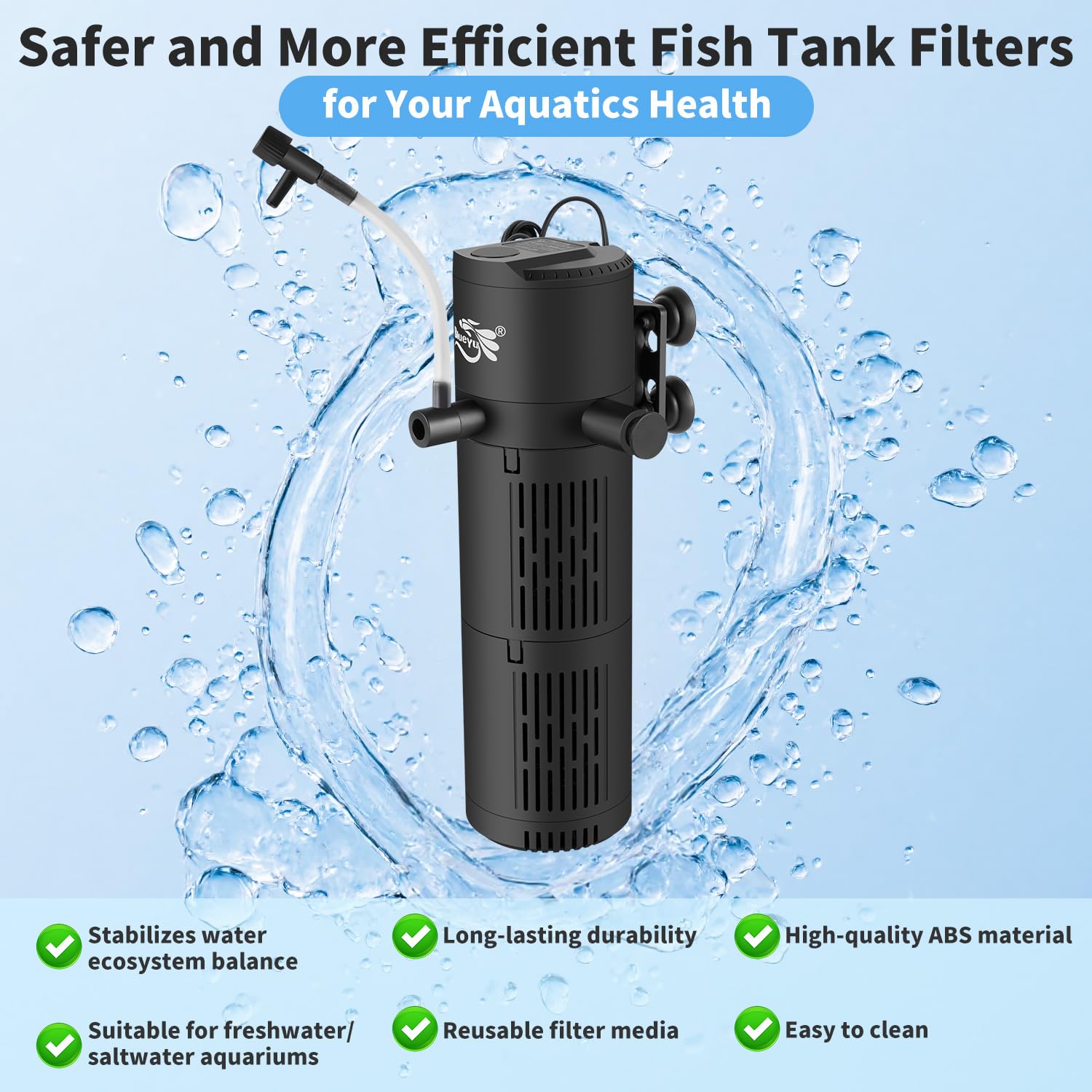 BlueYu aquarium filter packaging shows easy setup and two-filter option for large tanks.