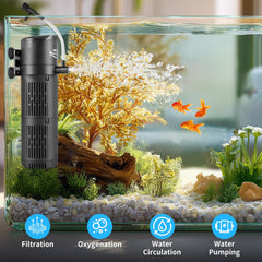 BlueYu aquarium filter side view highlights durable submersible build for quiet operation.
