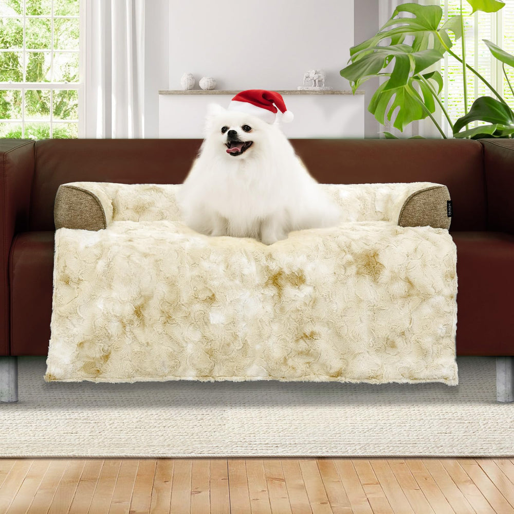 blunique calming dog couch bed close-up shows plush faux fur for cozy comfort.