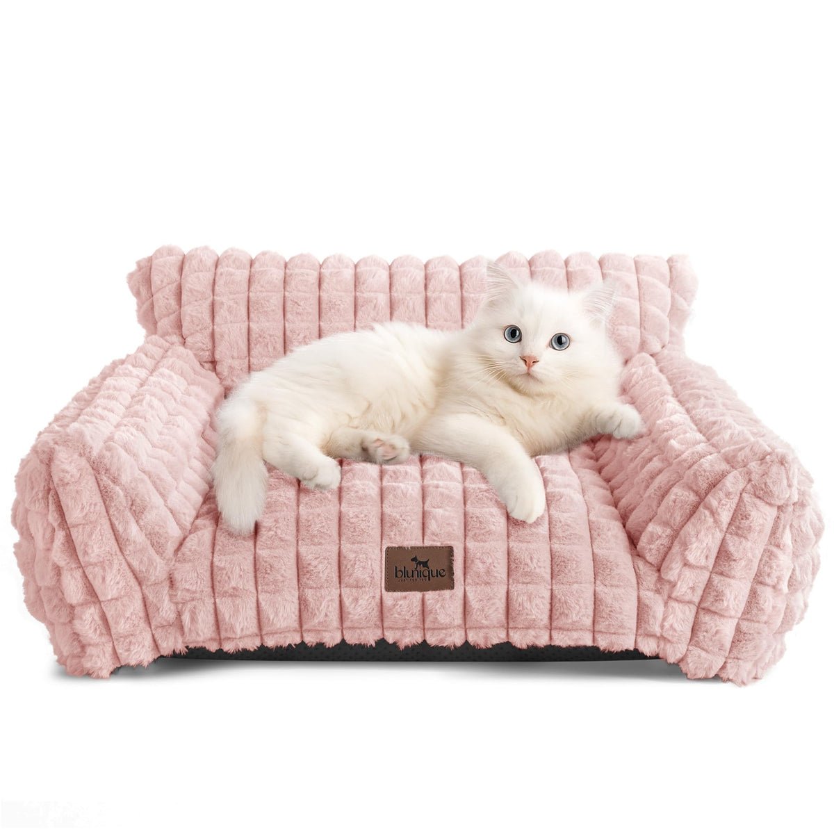blunique cat bed with faux rabbit fur showcases a 3D diamond texture for cozy lounging