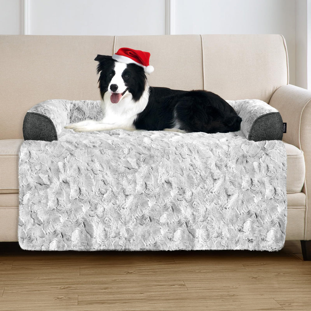 blunique Calming Large Dog Bed on couch 41x37 grey offers cozy lounging and sofa protection.