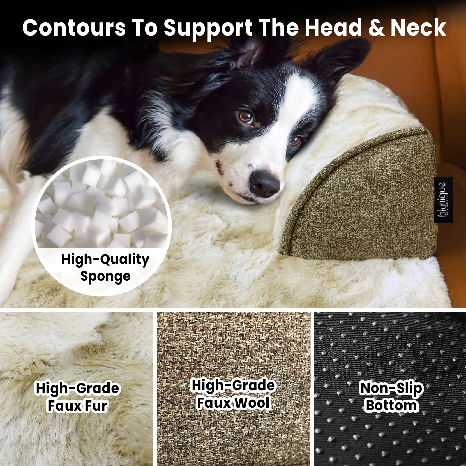 blunique dog bed with three-sided wrap supporting neck and head during sleep