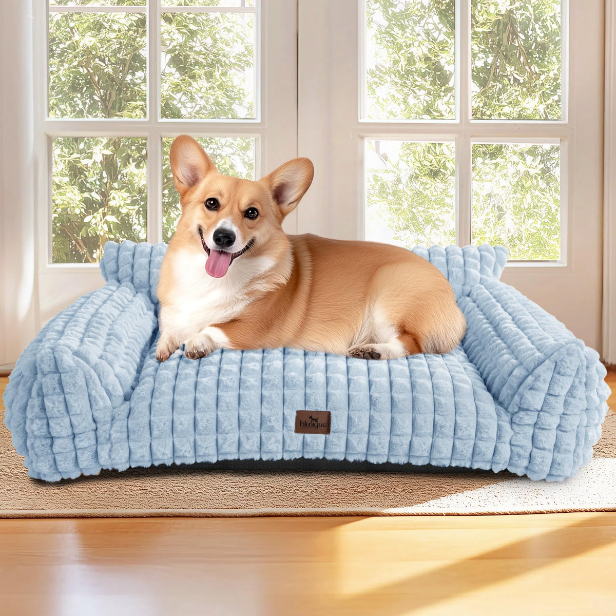 blunique dog couch bed 3D diamond fur close-up emphasizes cozy lounging.