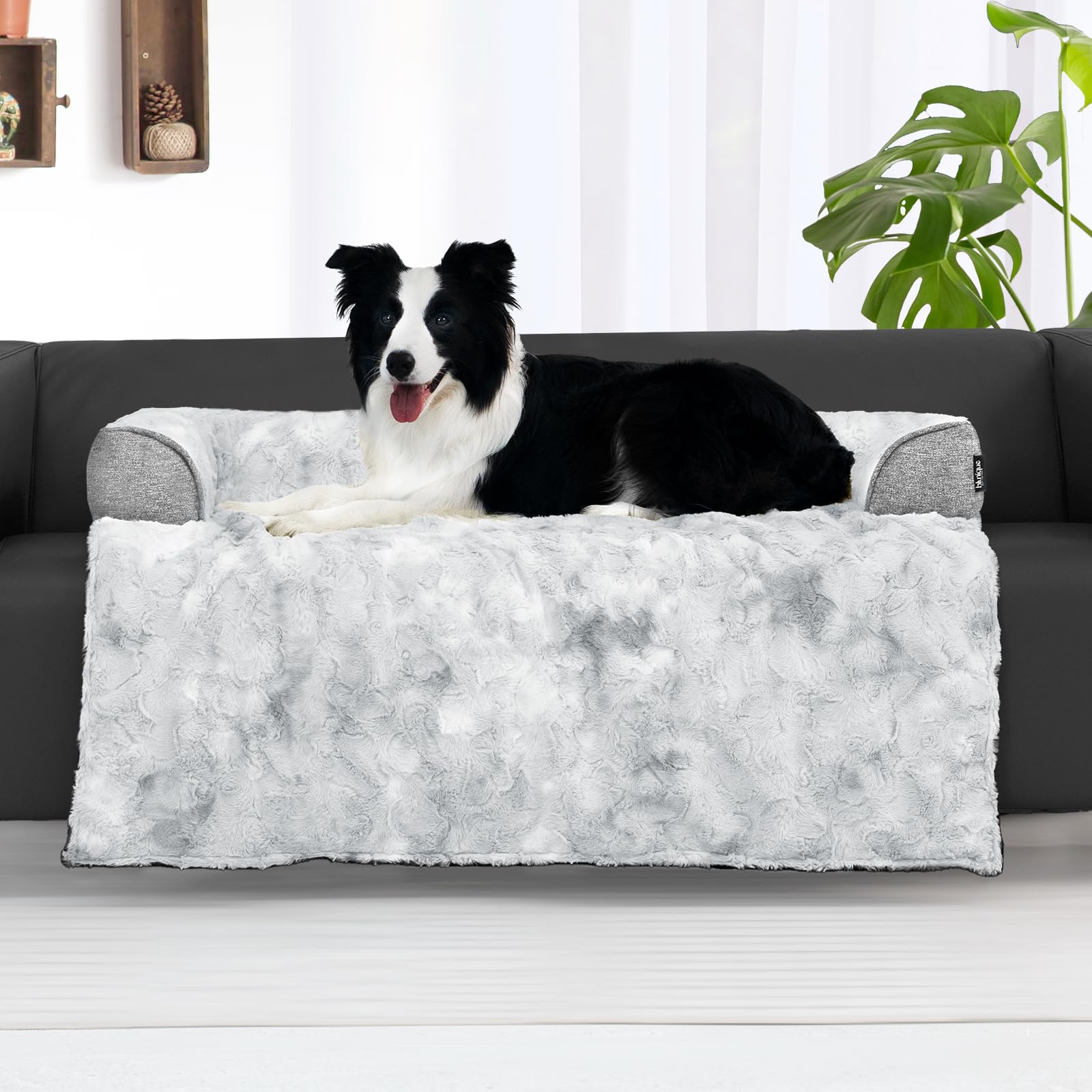 blunique Calming Dog Couch Bed on couch in tie-dye grey, spacious 41x37 for large dogs.