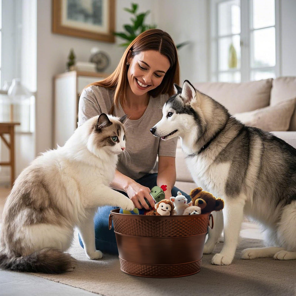 BluPup copper-toned toy bin is easy to clean and maintain.