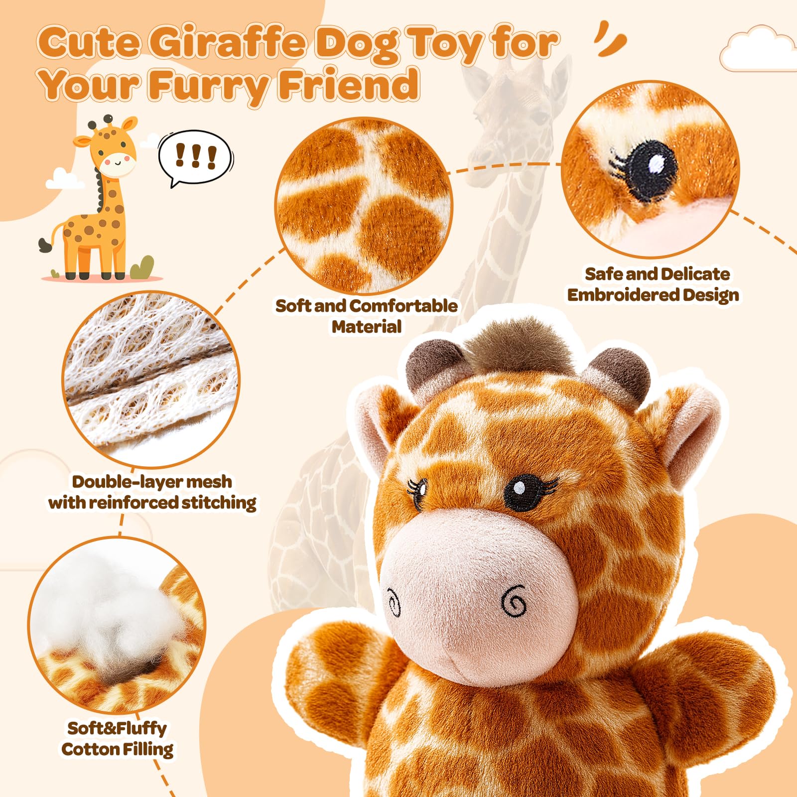 BluPup Giraffe toy reinforced stitching increases durability during play