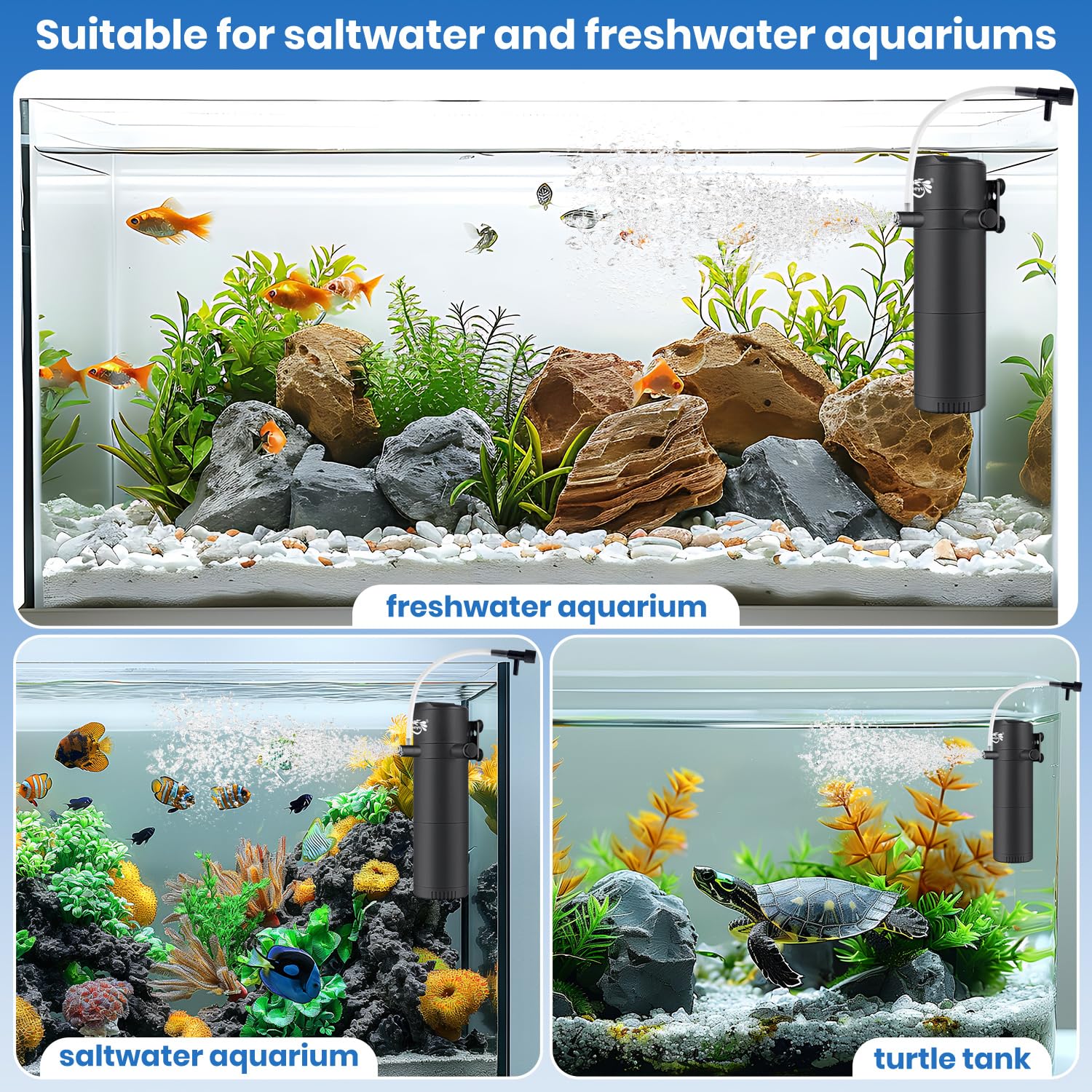 BlueYu quiet-aquarium-filter-operation communicates near-silent, unobtrusive filtration.