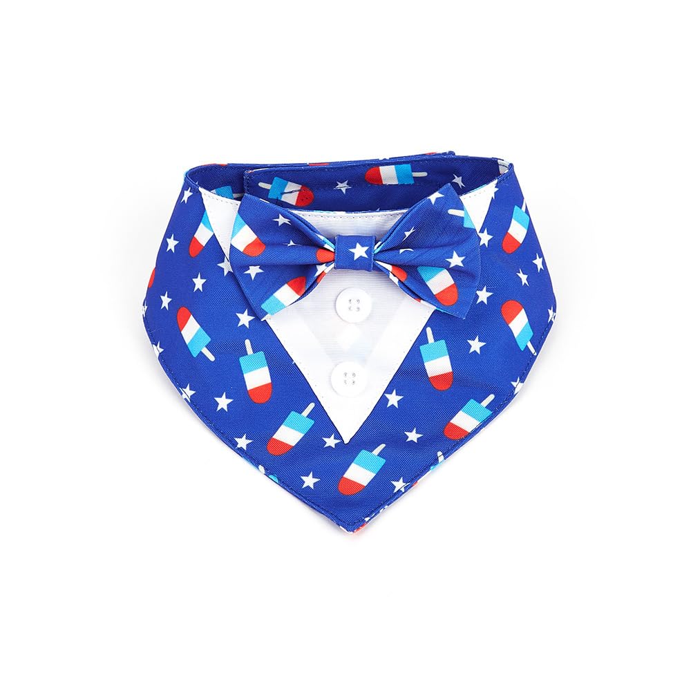 Bnibol patriotic dog tuxedo with blue star bandana for July 4 photos.