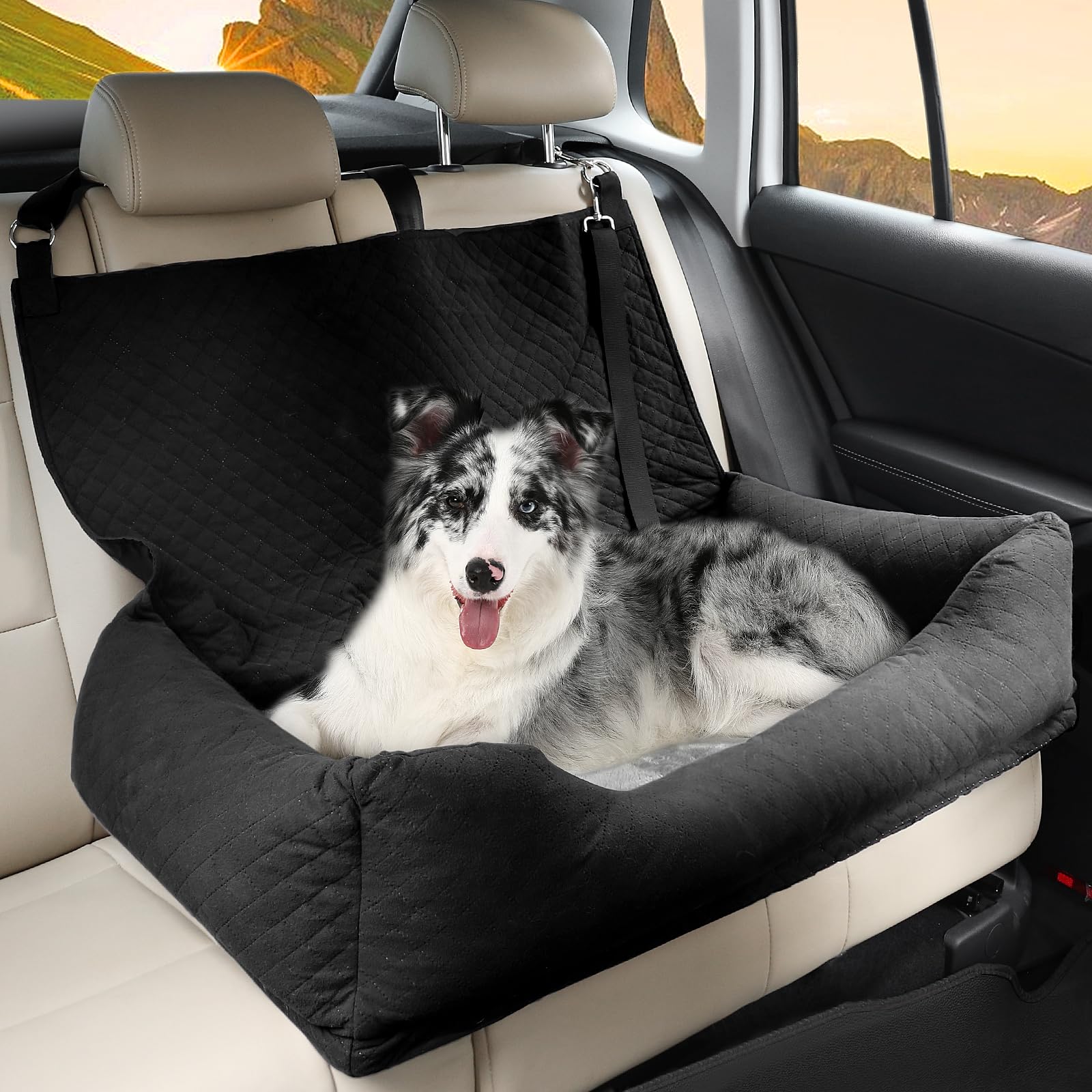 Bnonya dog car seat shows secure safety clips for travel.