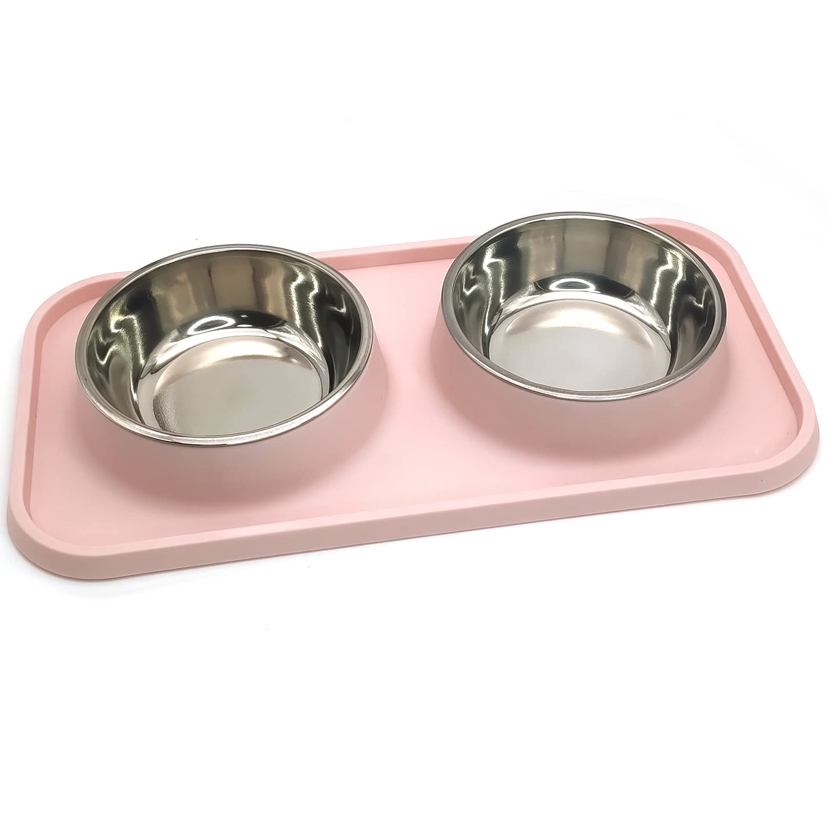 BNOSDM double dog bowls pink front view showing tidy feeding setup