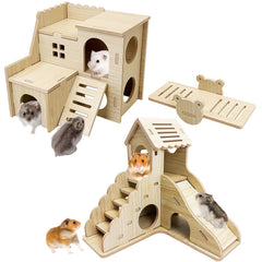 BNOSDM wood hamster house double-level hideout for safe, cozy play and rest