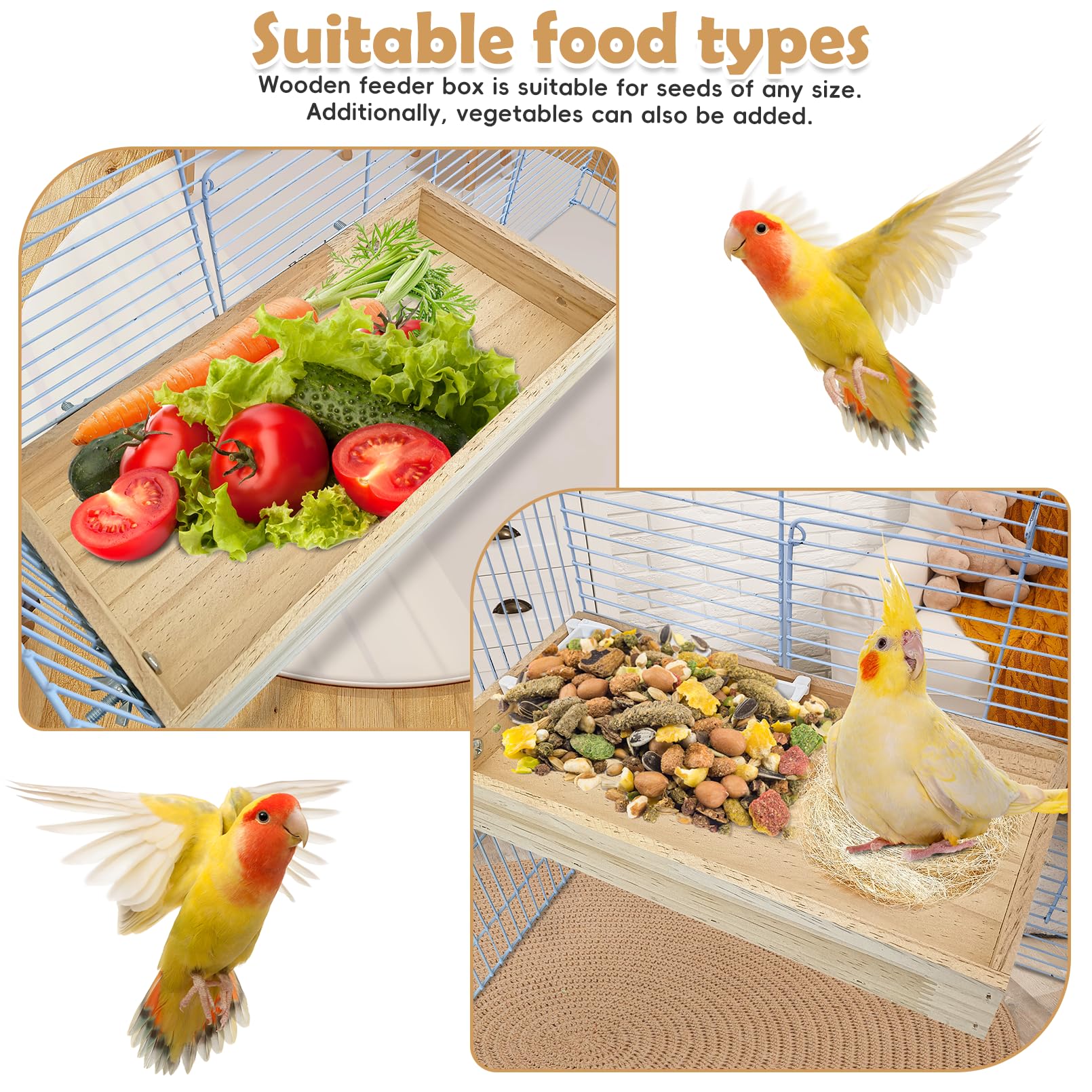 BNOSDM wooden-bird-feeder-box-small-size fits compact cages and smaller birds.
