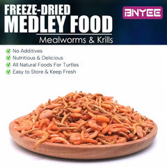 BNYEE Freeze-dried shrimp-mealworms closeup—natural snack that may entice picky eaters.
