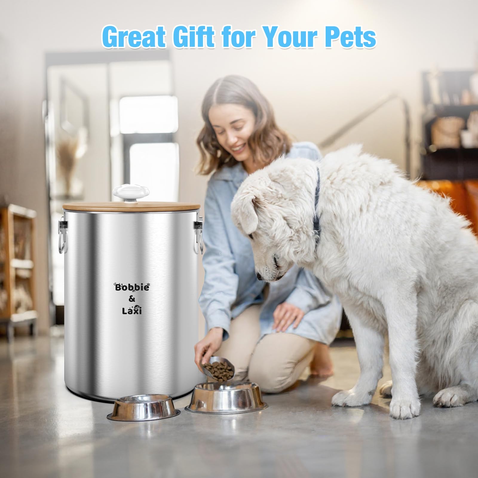 Bobbie & Laxi multi-pet storage use-case with dog, cat, and bird foods
