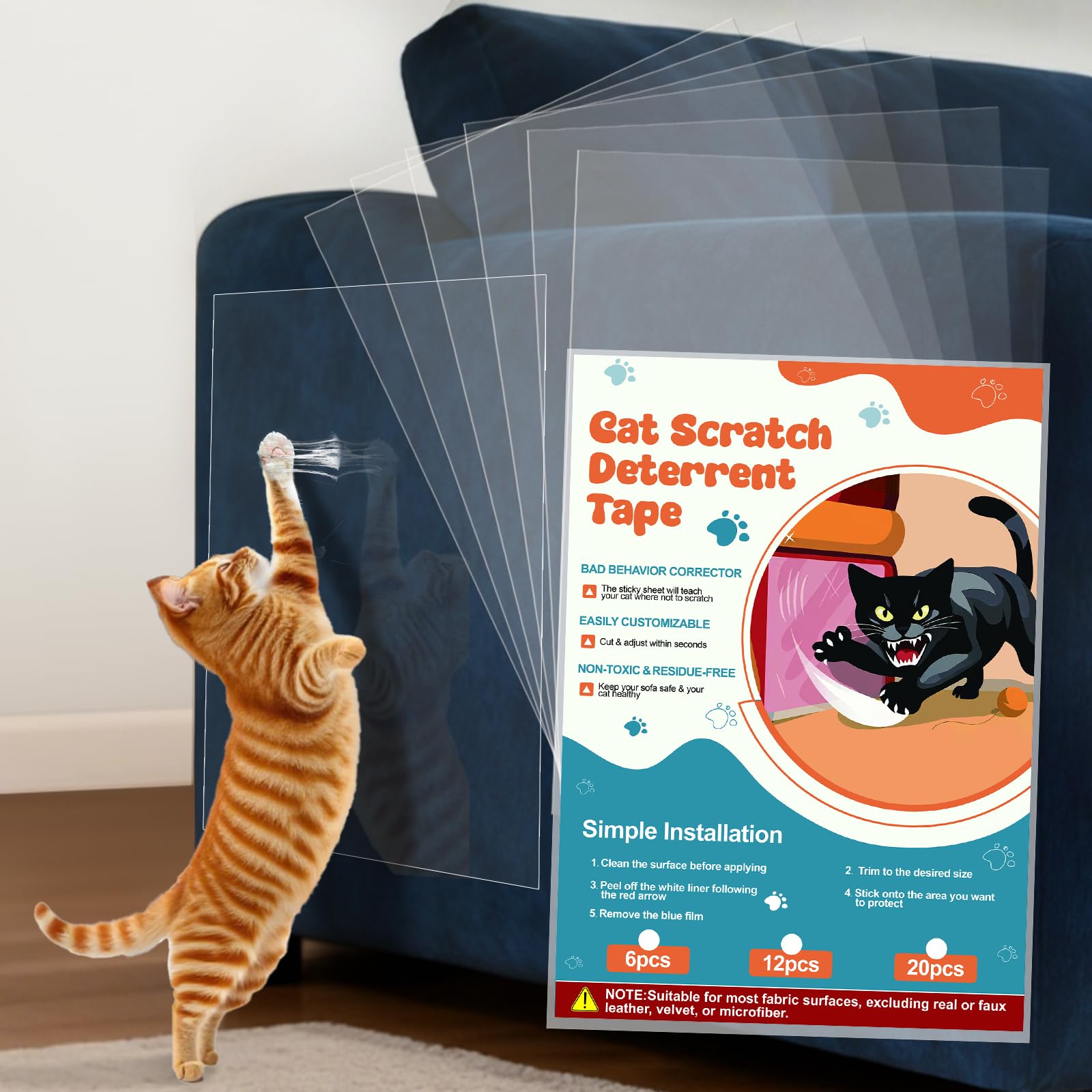 BobbleT 6-pack cat scratch protector applied on couch deterring claws safely