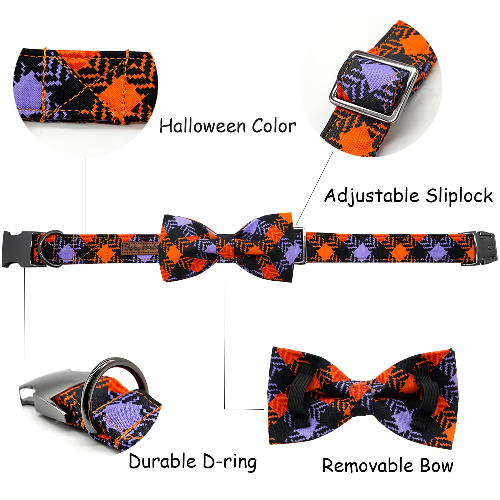 Bobo Rainbow removable bowtie on collar shows easy styling options.